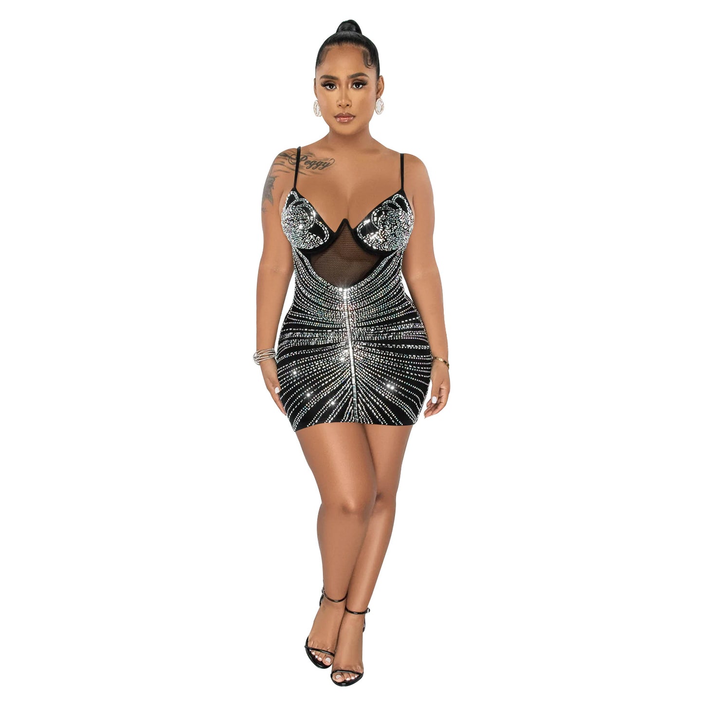 Women's Fashion Wear Rhinestone Mesh Camisole Sleeveless Dresses