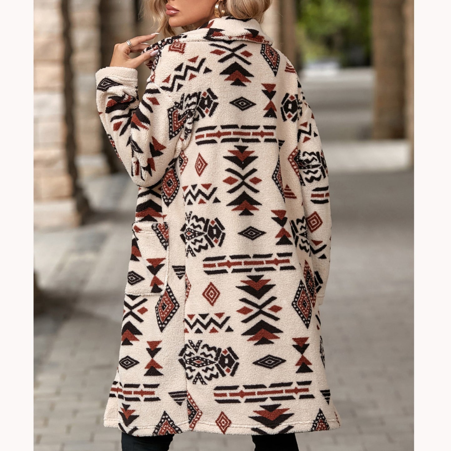 Women's Single-breasted Ethnic Print Plush Long Overcoat Coats