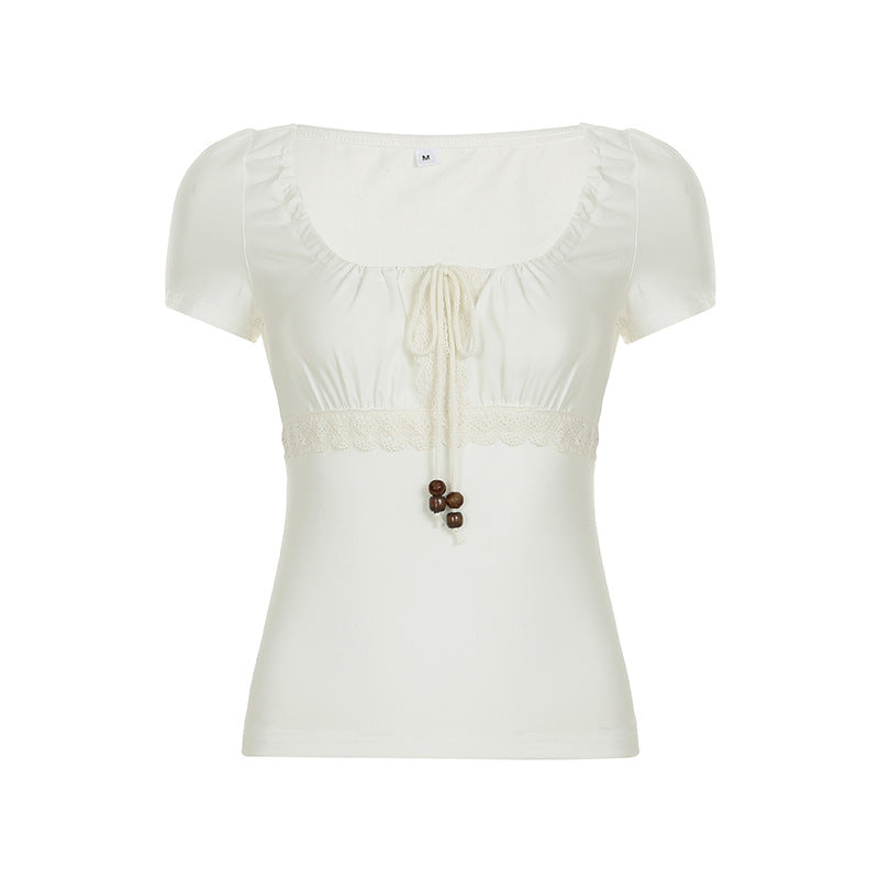 Style Beaded Drawstring Lace Stitching Sweet Pleated Blouses