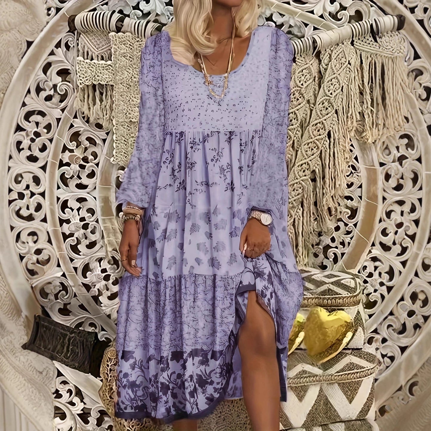 Casual Women's Long-sleeved Printed Round Neck Dress