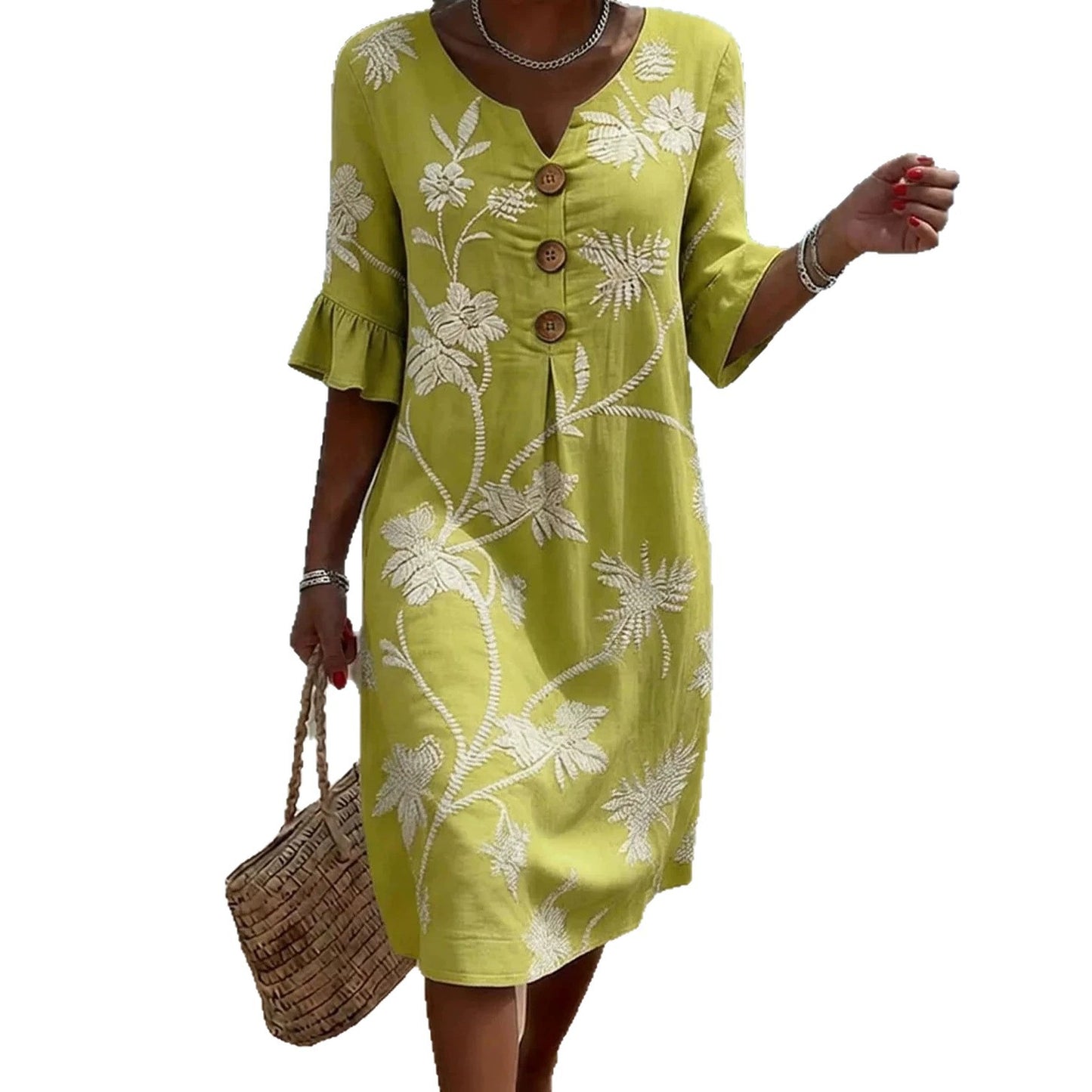 Women's Fashion Wear Buttons Floral Print Casual Cotton Dress