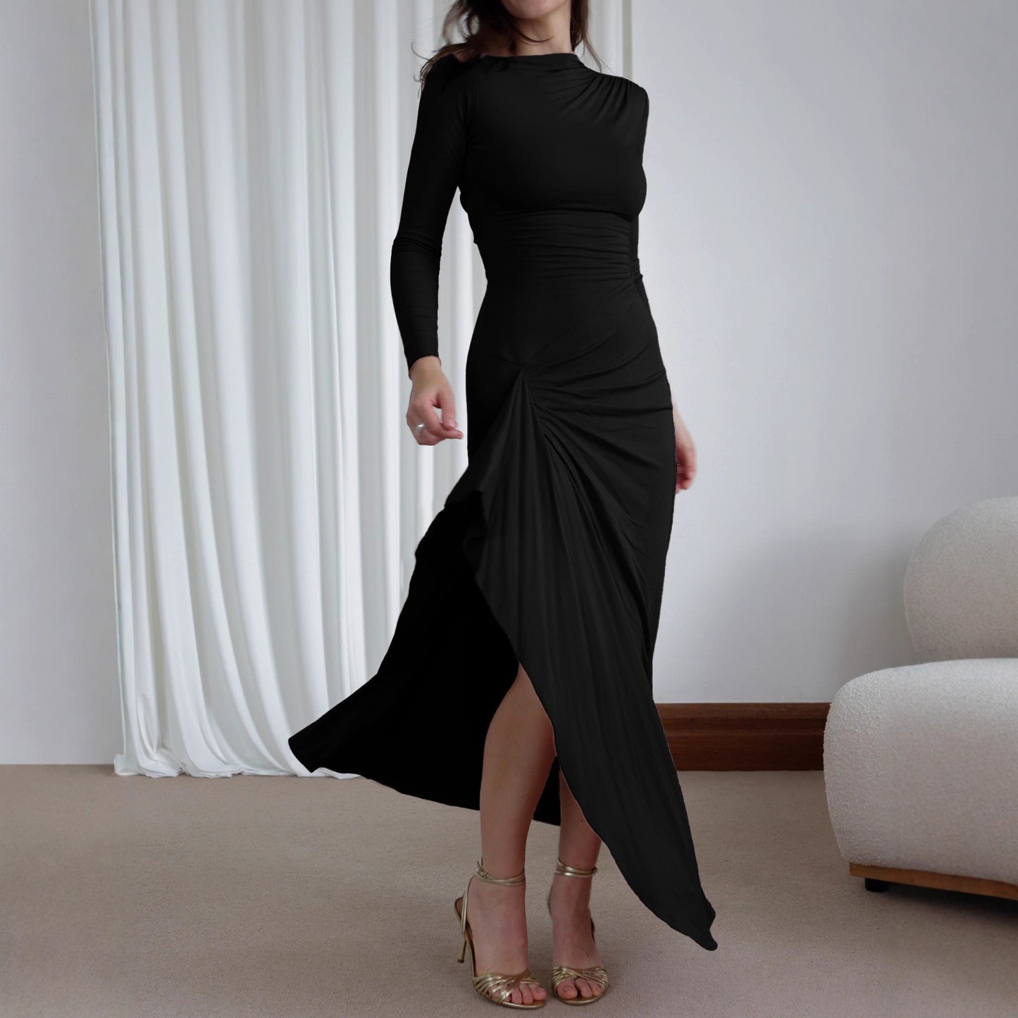 Fashion Design Solid Color Round Neck Irregular Dress
