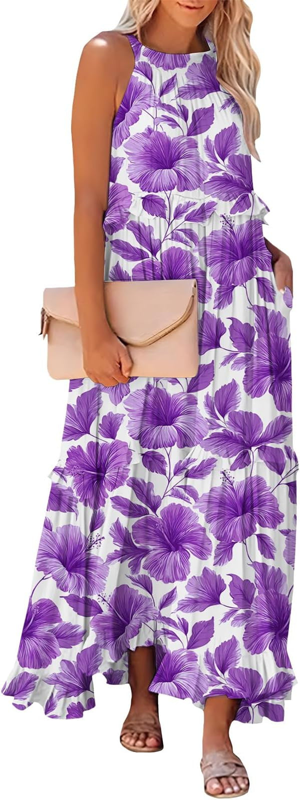 Women's Halter Elegant Ruffled Holiday Long Casual Dress