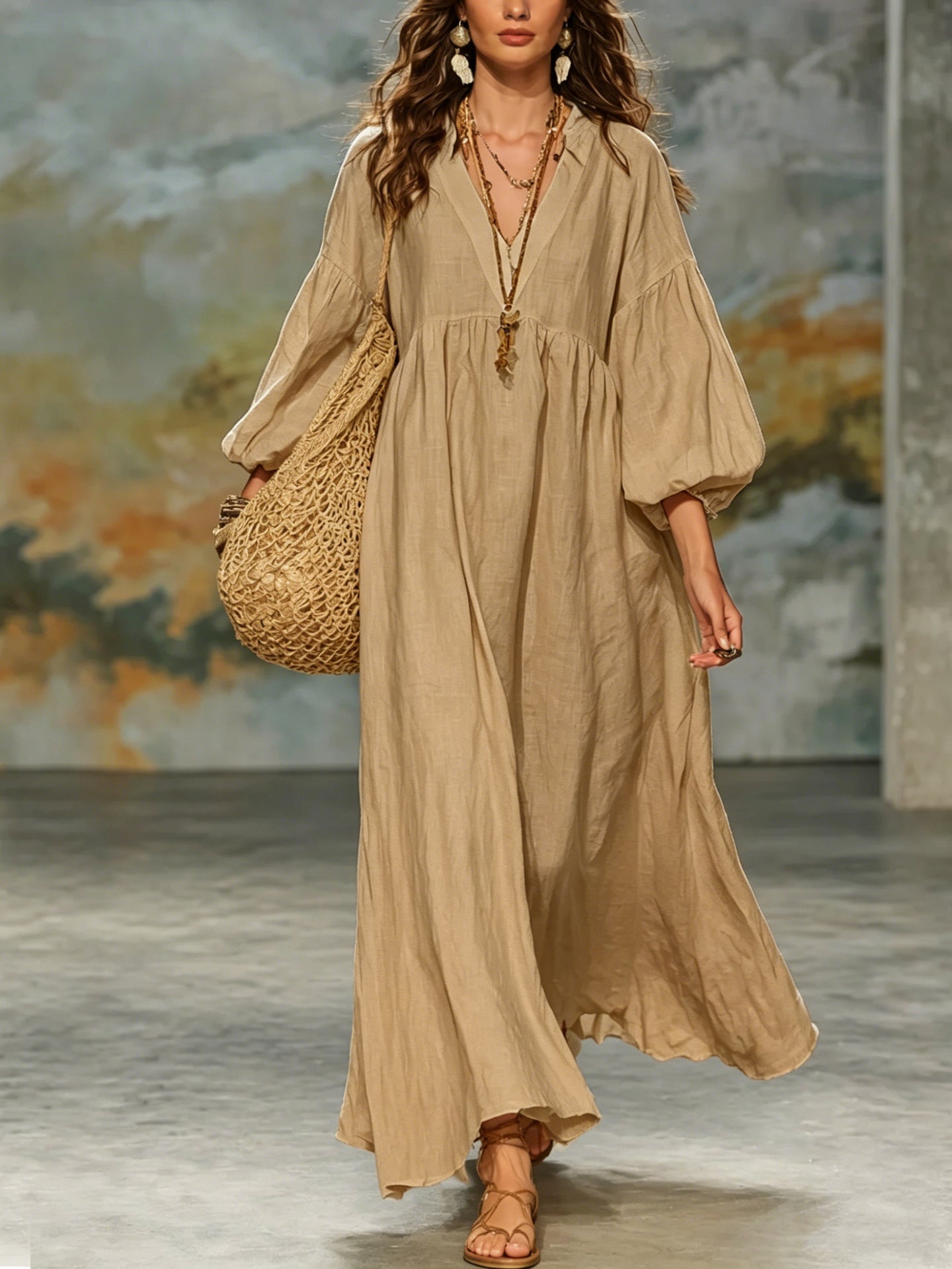 Women's Cotton Linen Deep V Lantern Sleeve Dress