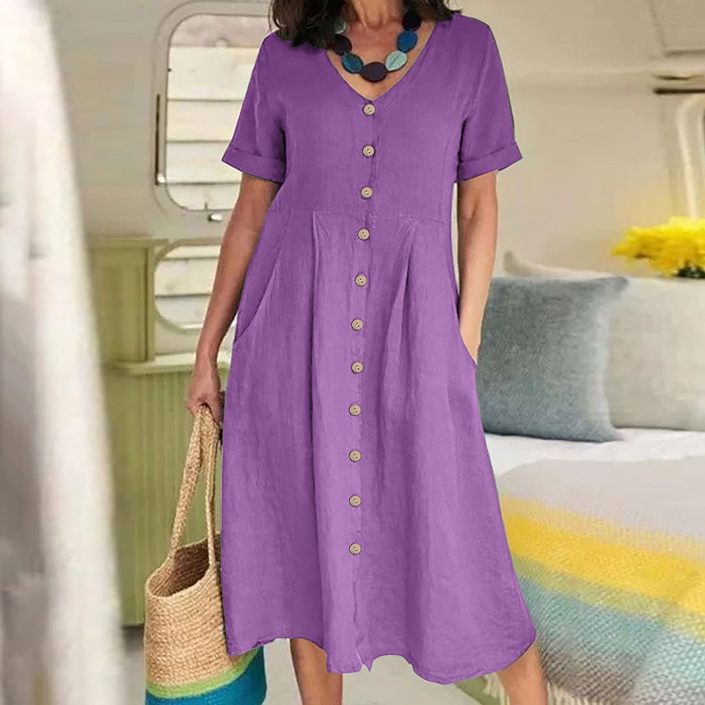 Solid Color Loose High Waist Cotton Dresses