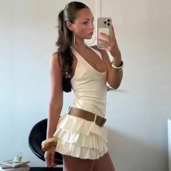 Women's Fashion With Belt Laminated Decoration Dress Dresses