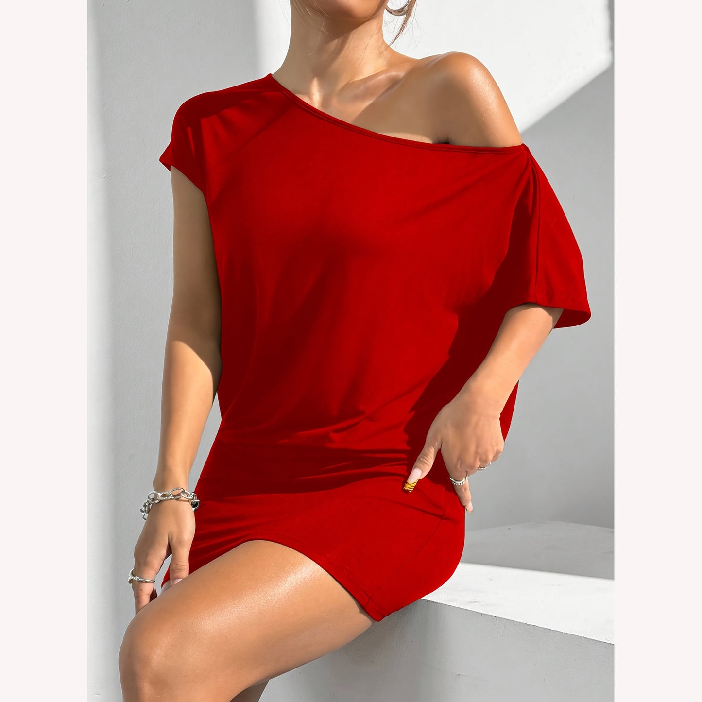 Women's Summer Solid Color Asymmetric Collar Short-sleeved Casual T-shirt Slim Slimming Dress
