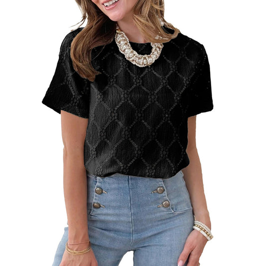 Women's Summer Round Neck Sleeve Embroidered Flower Blouses