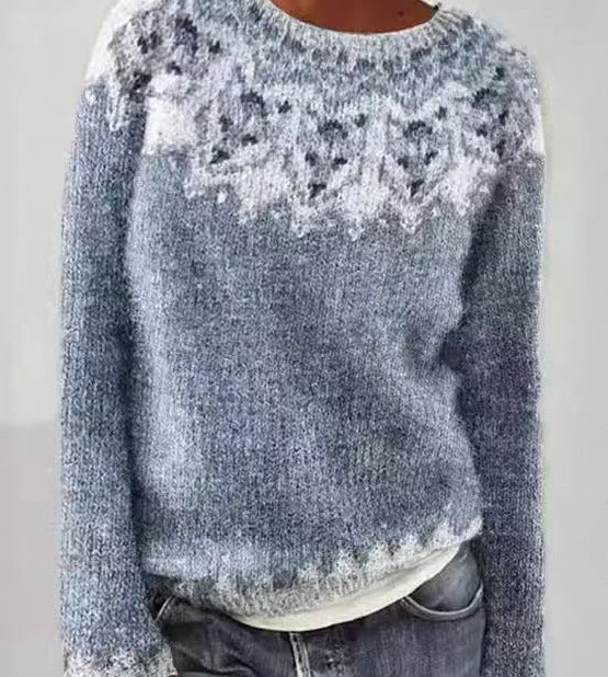 Women's Tibetan Wolf Round Neck Loose Fashion Pullover Color Matching Dark Sweaters
