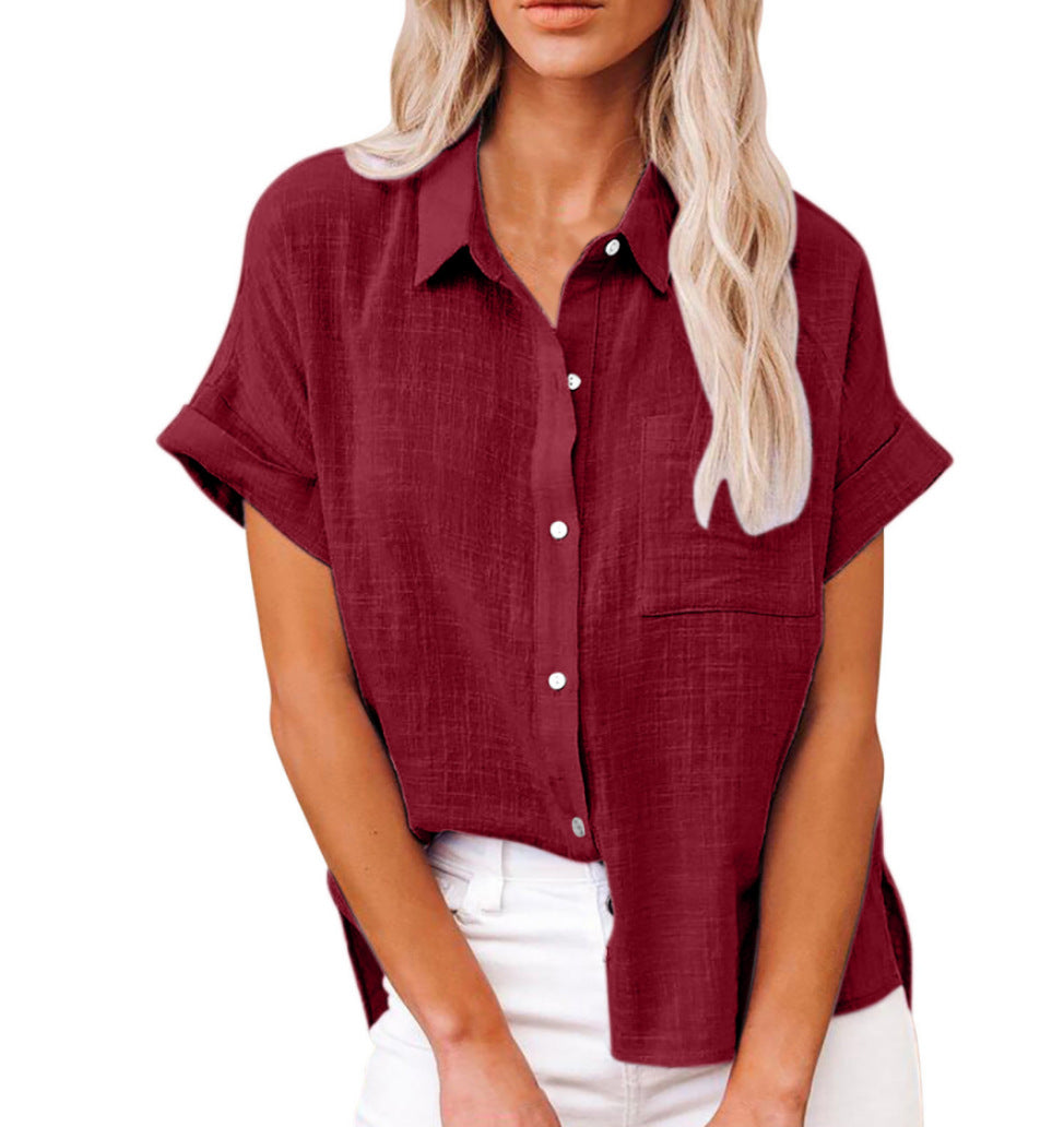Women's Solid Color Linen Shirt Sleeve Casual Shorts