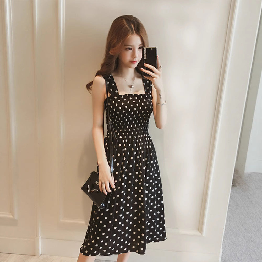 Women's Red Inner Strap Summer Mid-length Polka Dress
