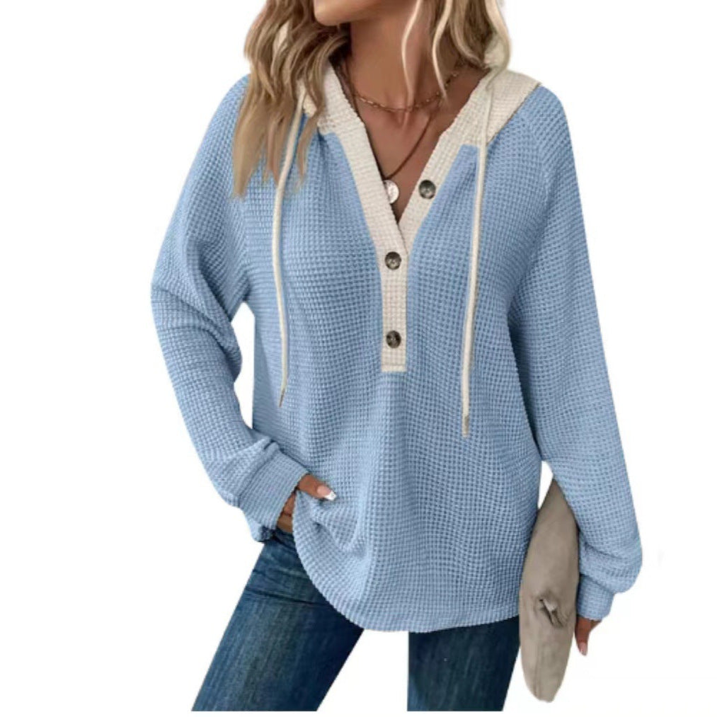 Women's Waffle Hooded Button Loose Long Sleeve Matching Women's Sweater, Sweater