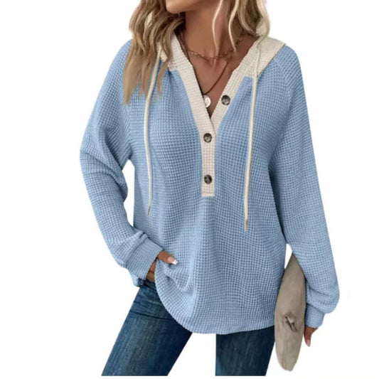 Women's Waffle Hooded Button Loose Long Sleeve Matching Women's Sweater, Sweater