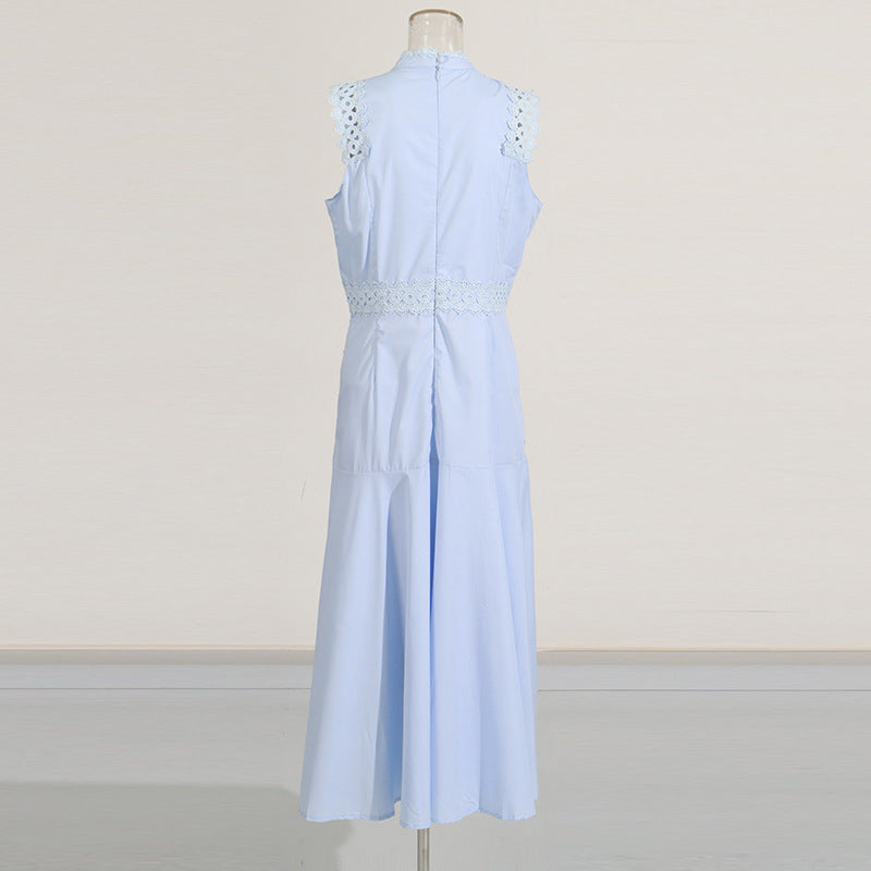 Women's High-grade Long Summer Stand Collar Sleeveless Lace Hollow Thin Clothing