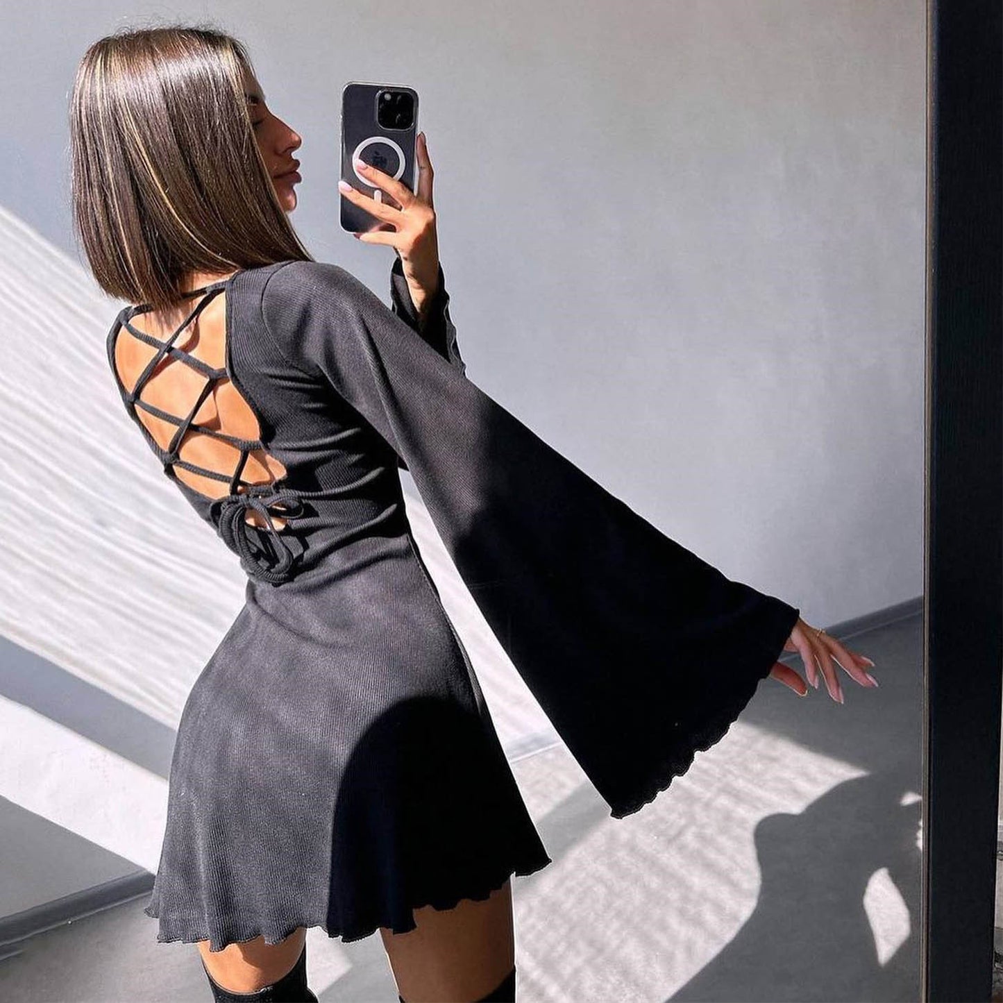 Women's Sexy Dress Solid Color Flare Sleeve Hollow Out Dresses