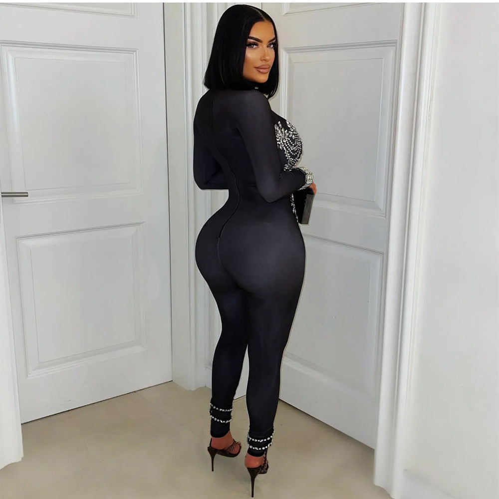 Women's Long Sleeve Rhinestone Tight Nightclub Fashion Jumpsuits