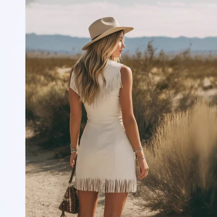 Style Retro Zipper Front Tassel Suede Dress
