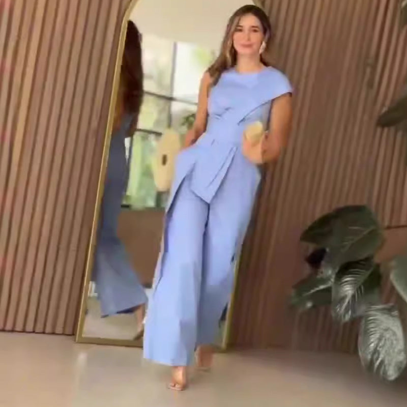 Round Neck Solid Color Irregular Sleeveless Jumpsuits