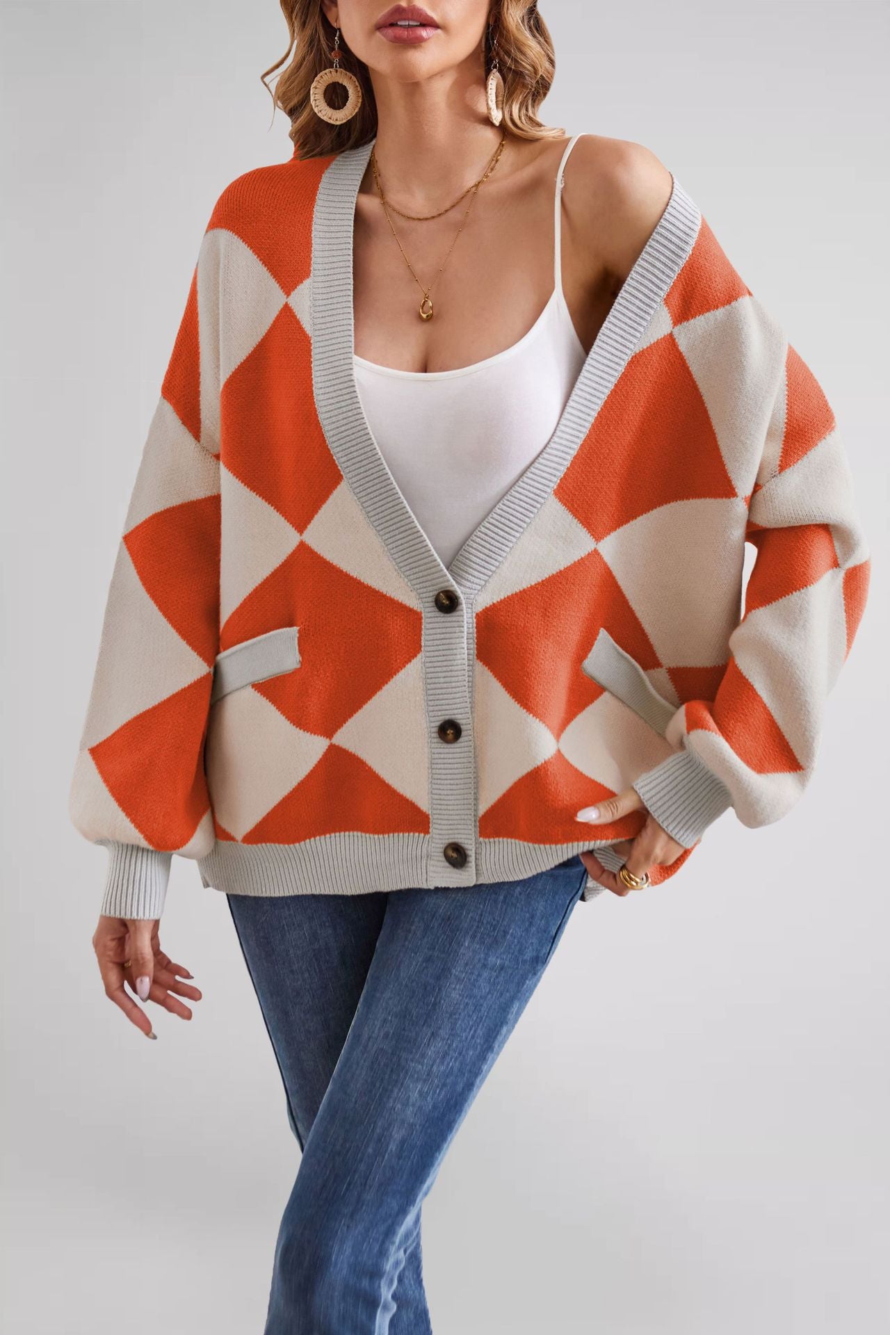 Women's Plaid Stitching Contrast Color Loose Knitted Sweaters