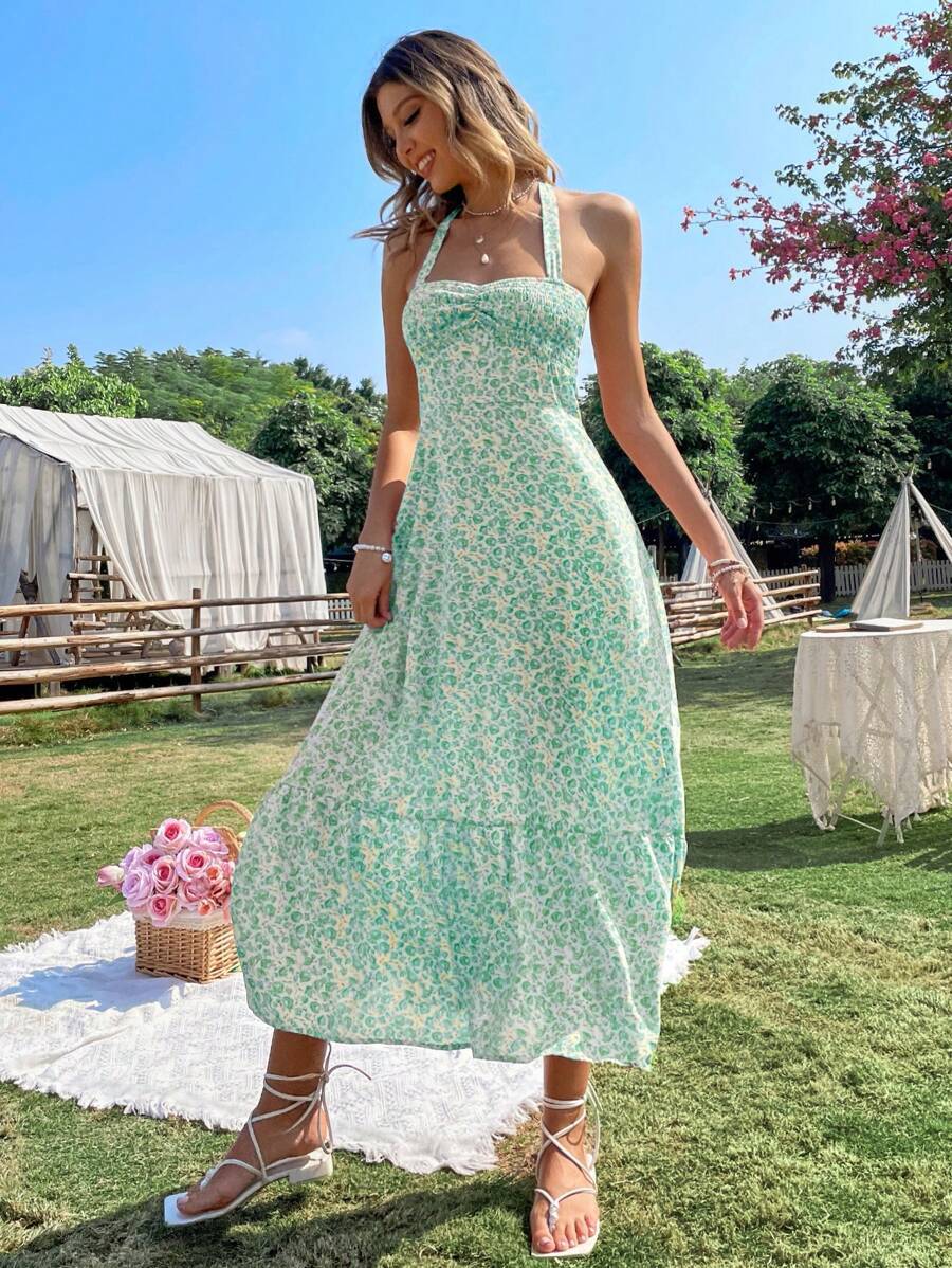Print Sleeveless Bust Pleating Backless Waist Dresses