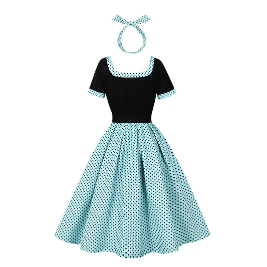 Women's Dots Stitching Square Collar High Big Dresses