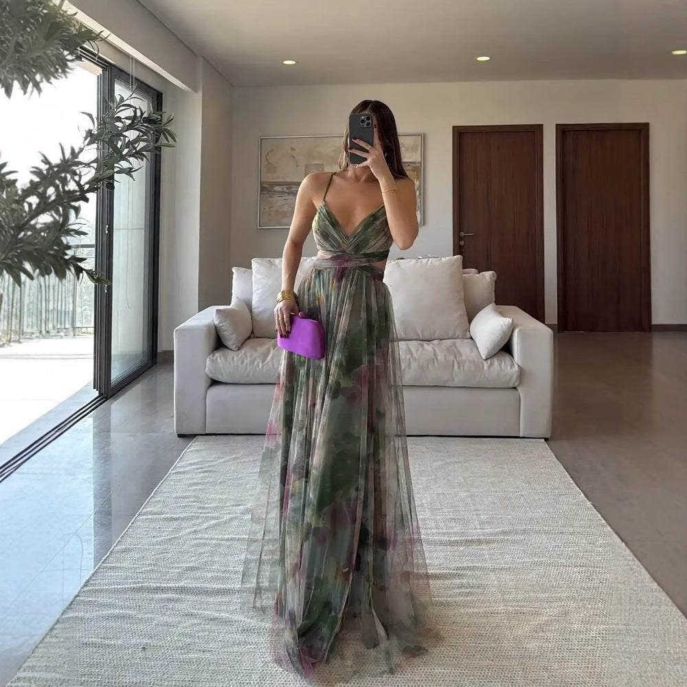 Mesh Printing Slip Dress Vacation Leisure Dresses