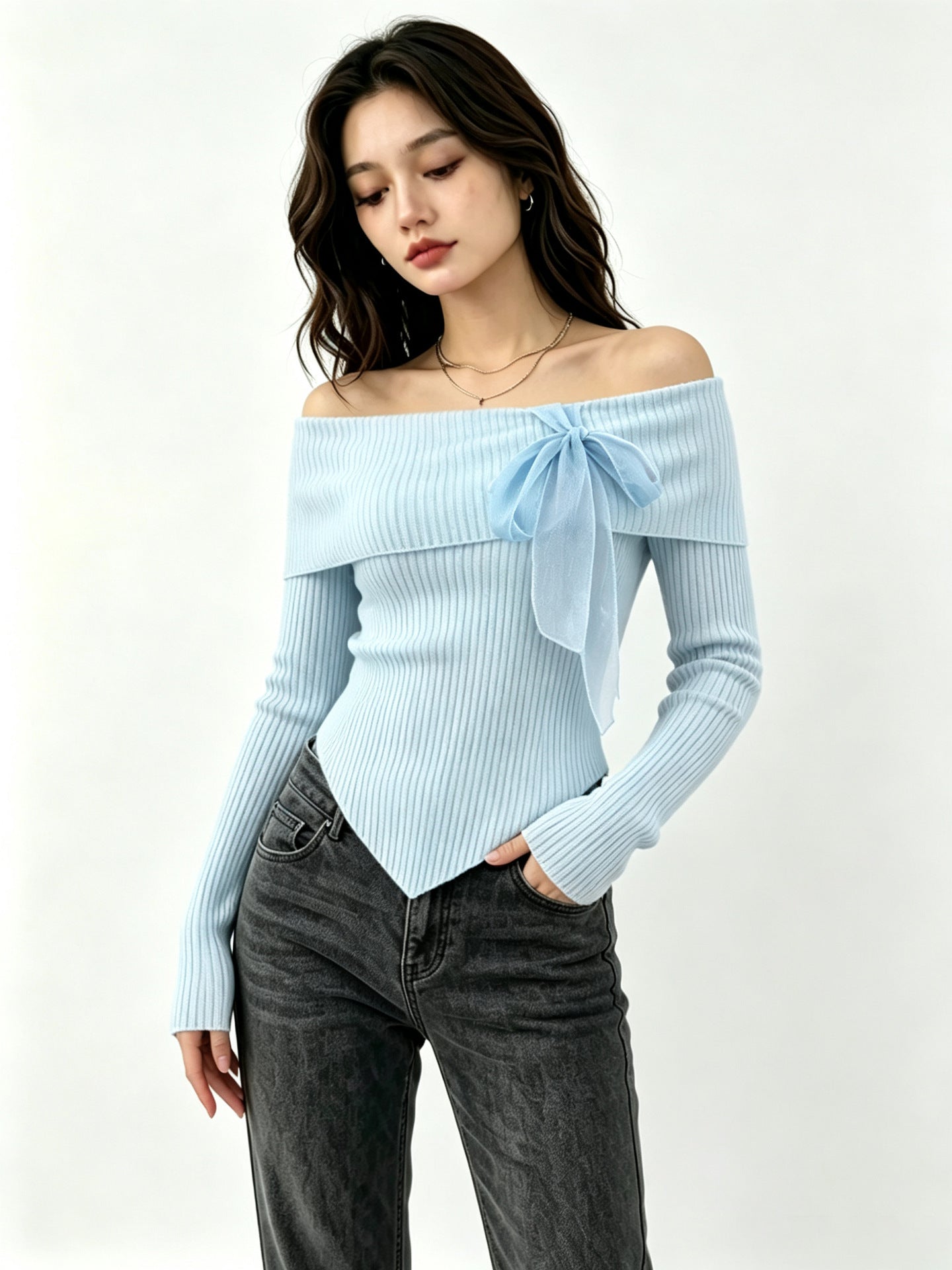 French Sunken Stripe Knit With Bow Tops