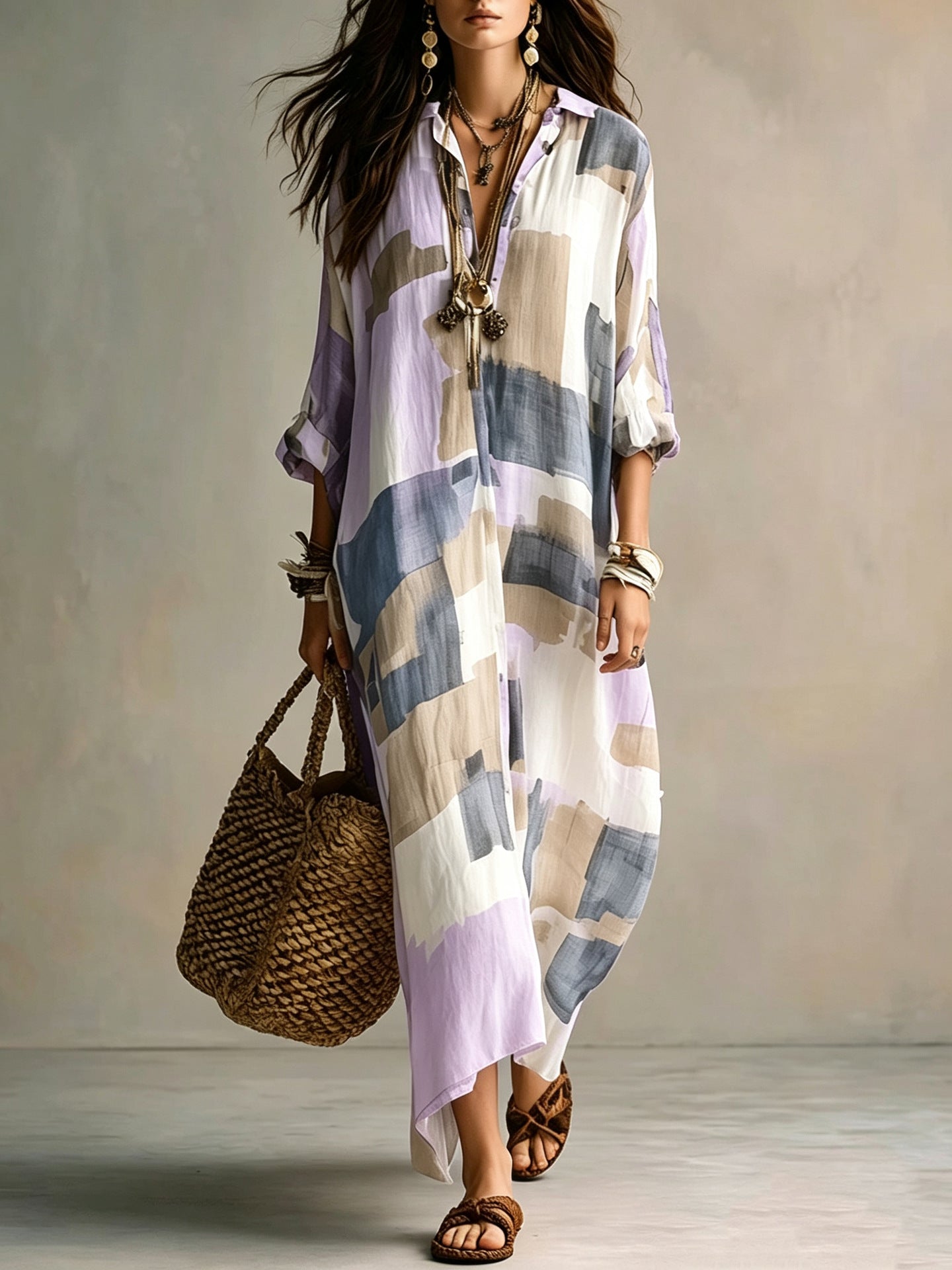 Women's Summer Geometric Printed Shirt Long Casual Vacation Style Dress