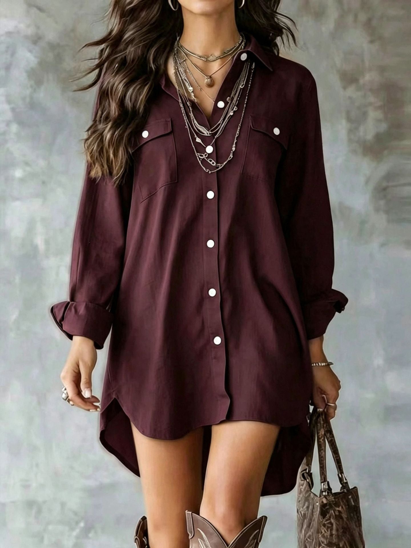 Cotton Linen Long Sleeve Button Shirt Slimming Slit Casual Dress