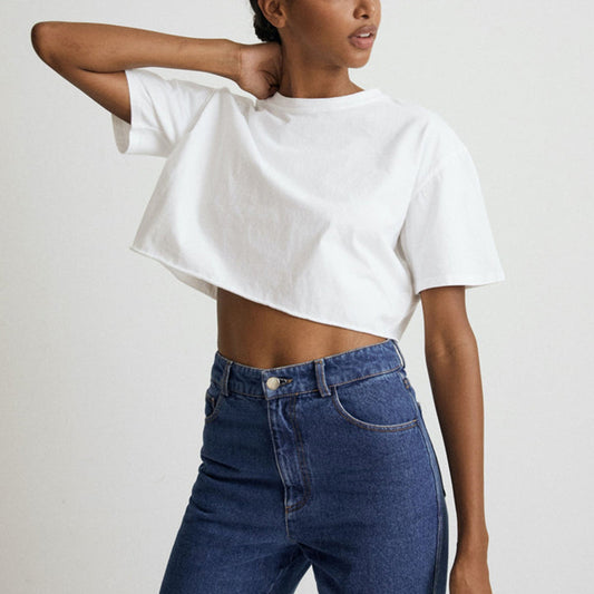 Women's Hot Short-sleeved T-shirt Summer Pure Cotton Solid Color Navel Blouses