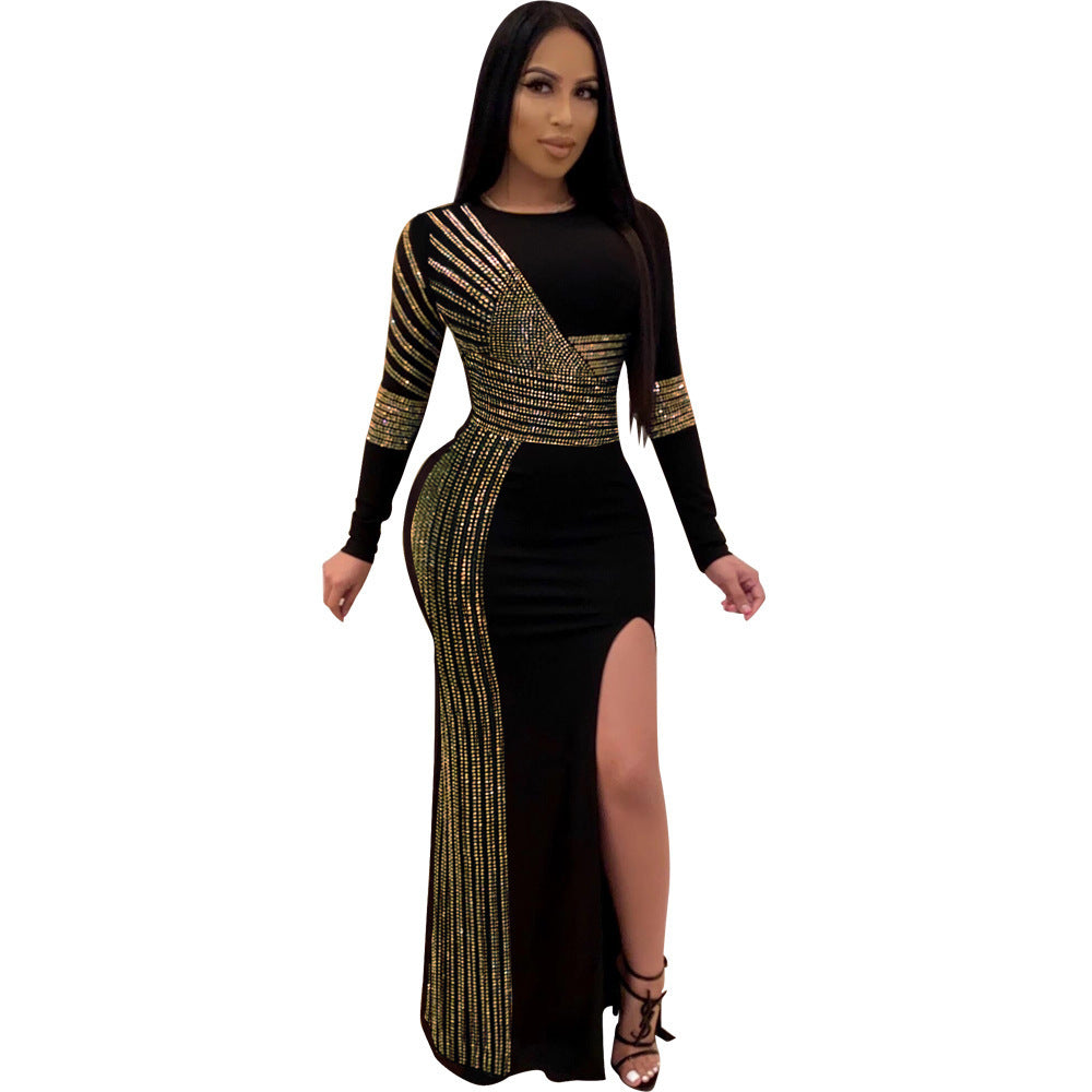 Rhinestone Crew Neck Split Long Sleeve Nightclub Uniform