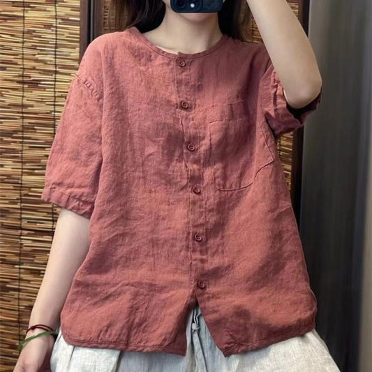 Women's Linen Sleeve Round Neck Shirt Summer Retro Art Loose-fitting Blouses