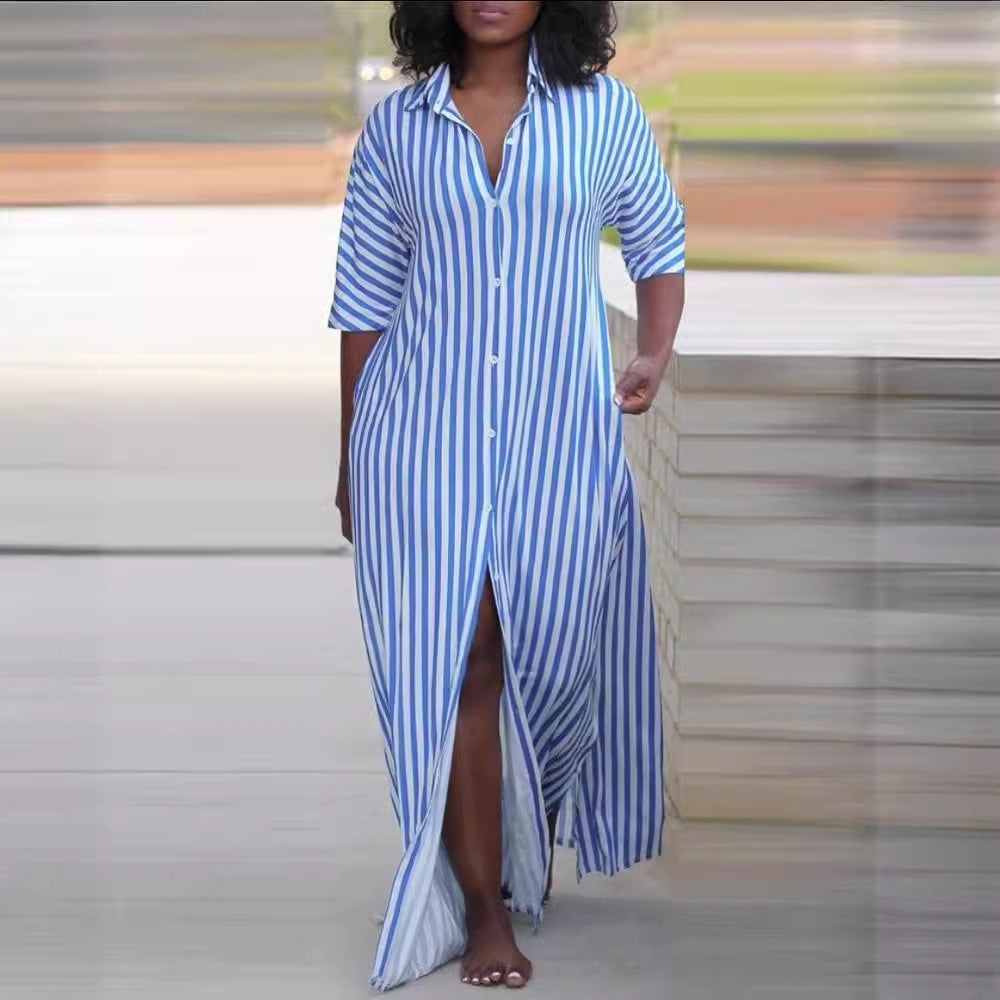 Women's Summer Fashion Loose Long Striped Shirt Dresses
