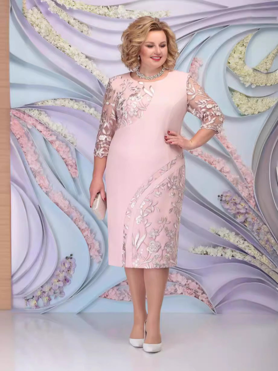 Women's Large Embroidered Dress Sleeve Round Neck Dresses