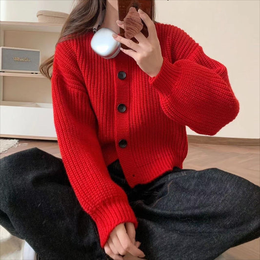 Women's Korean Style Lazy Fashion Pure Color Trendy Round Neck Knitted Women's Sweater