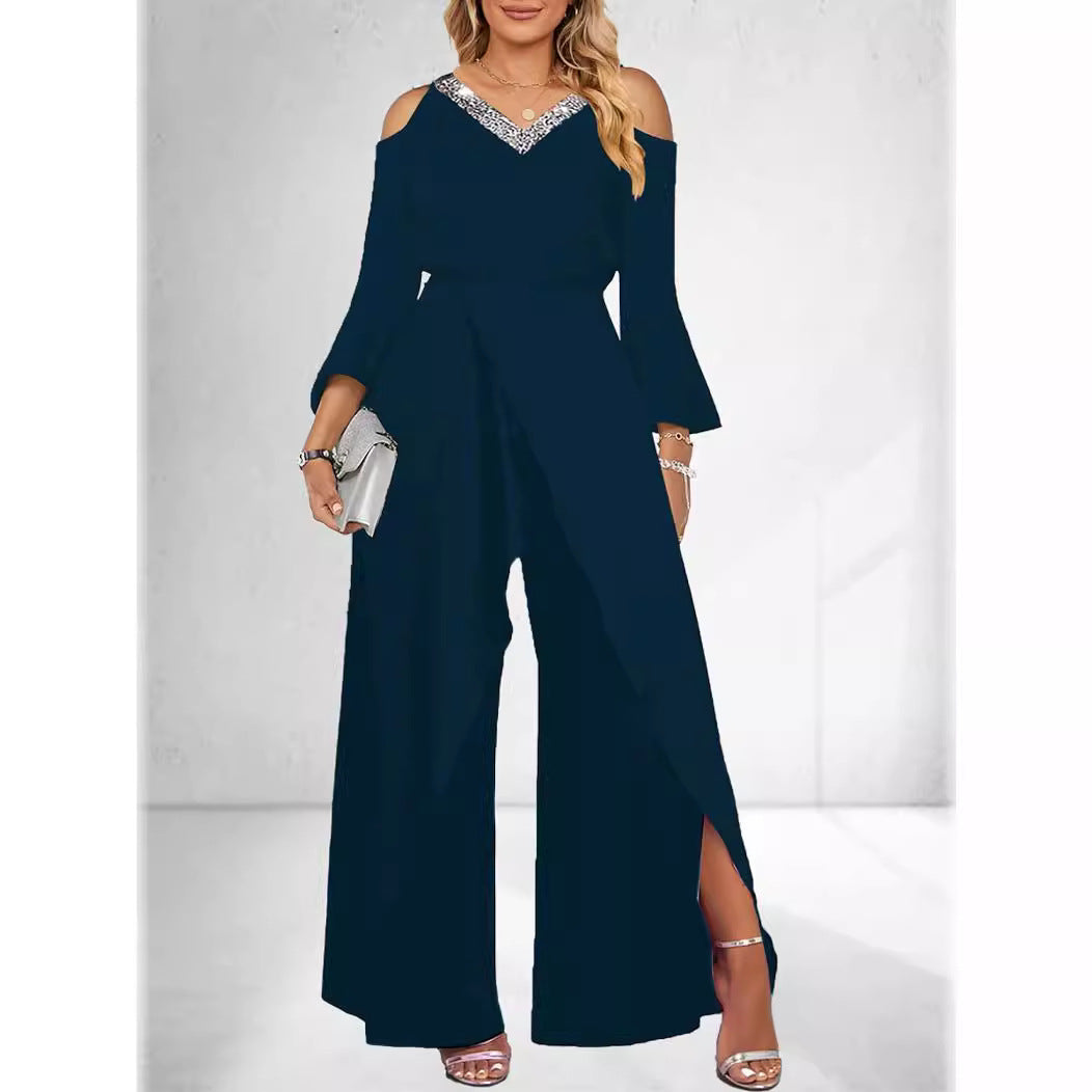 Women's Split Sequined Solid Color Collar Basic Business Elegant Wide Leg Fashion Casual Suit