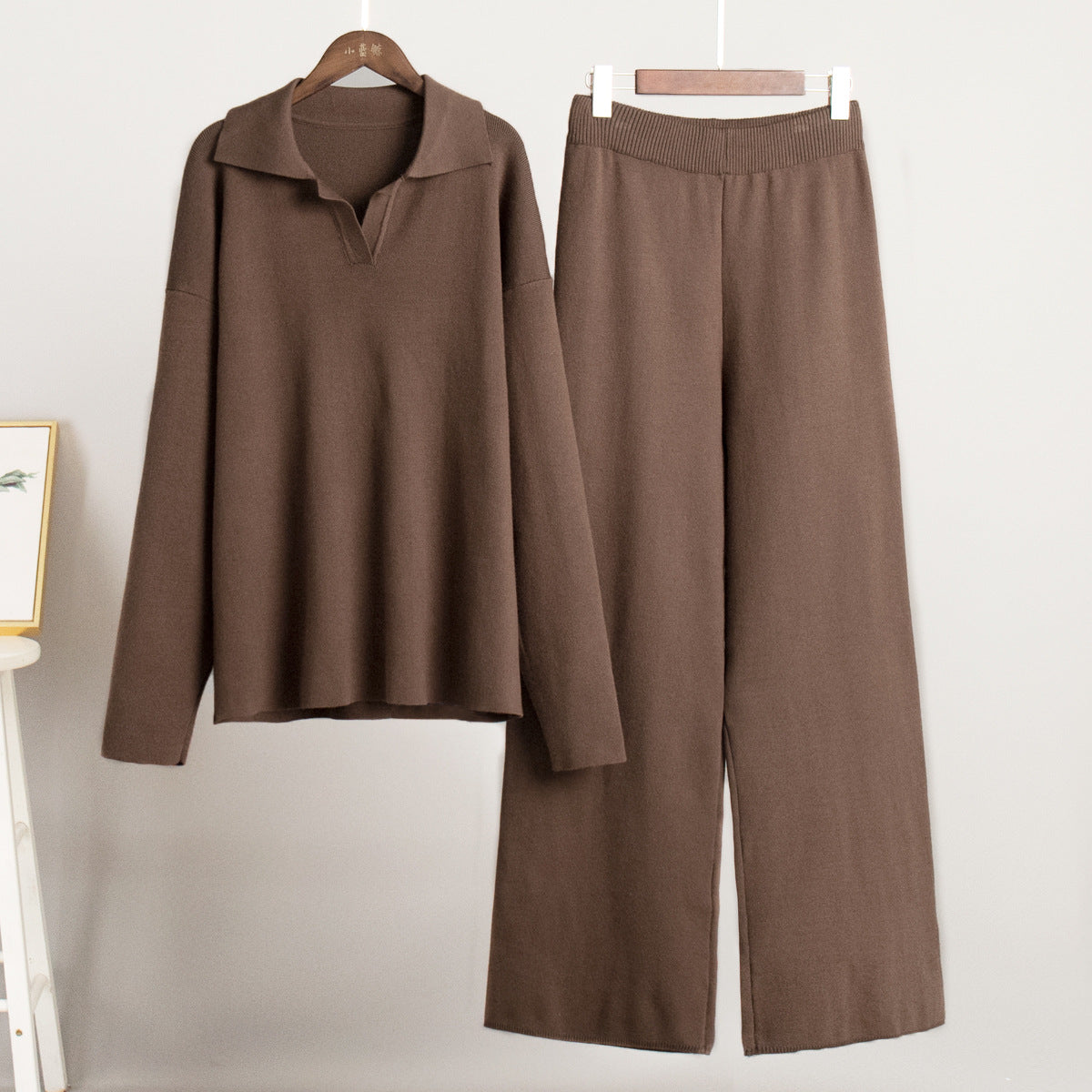 Collar Knitted Pullover Wide Leg Trousers Suits