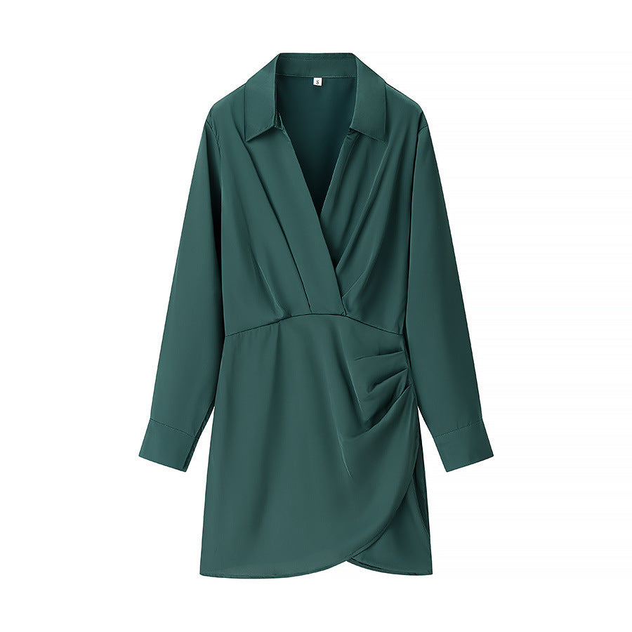 Side Wrinkle Dress Shirt Style Long Sleeve High Dresses