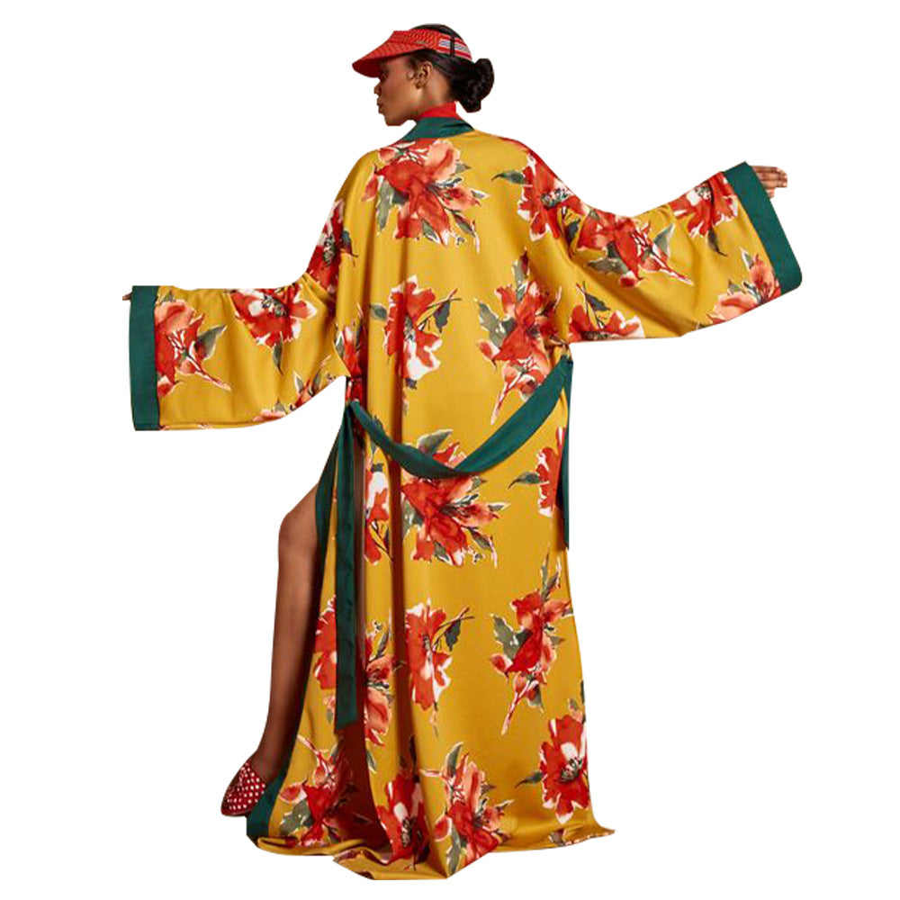 Women's Straight Hair Kimono Print Trench Coats