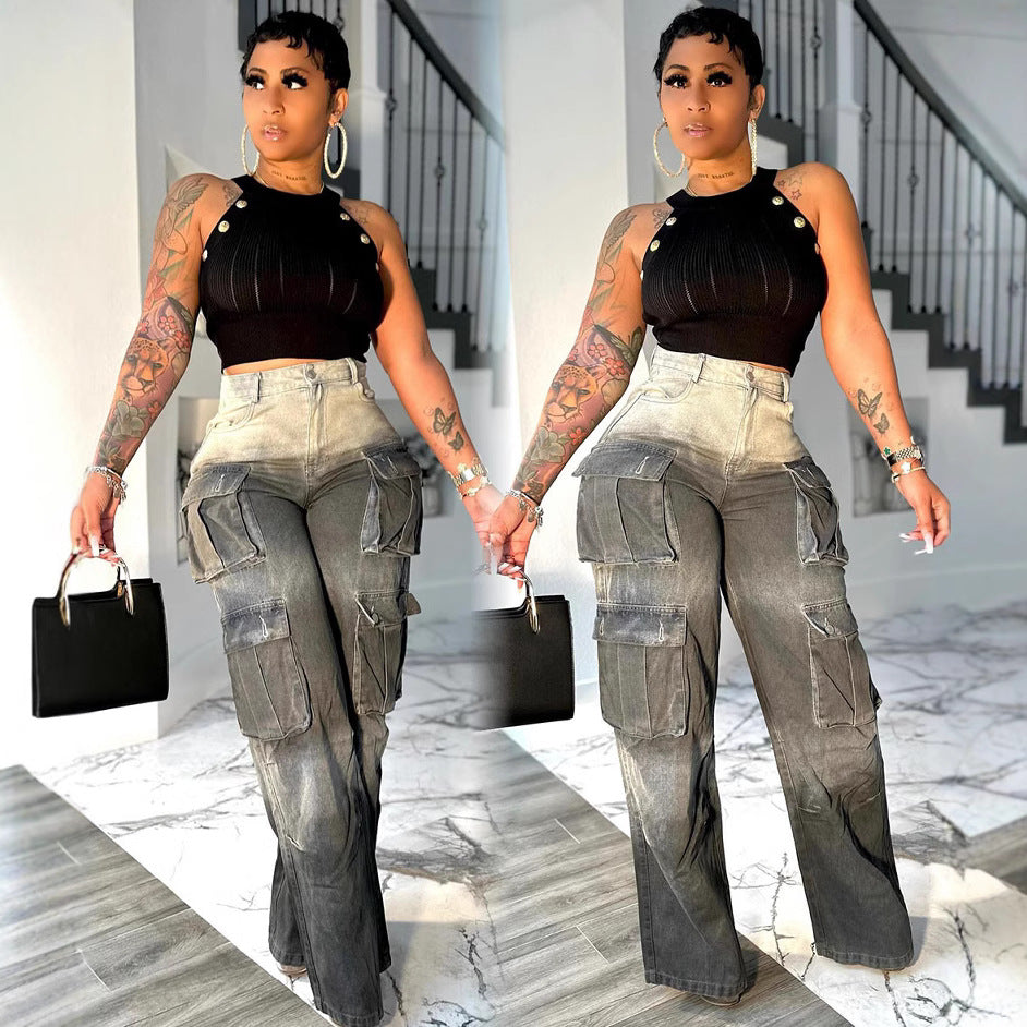 Women's Fashion High Waist Gradient Color Wide Jeans