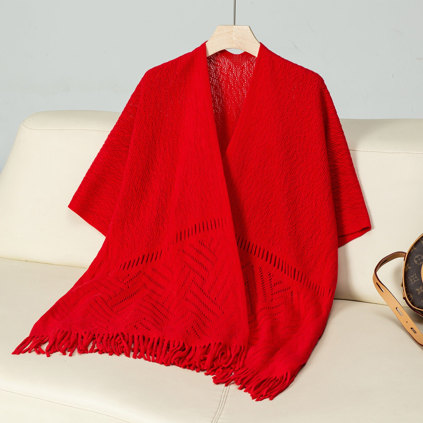 Women's Solid Color Knitted Tassel Cape Shawl Casual Women's Sweater