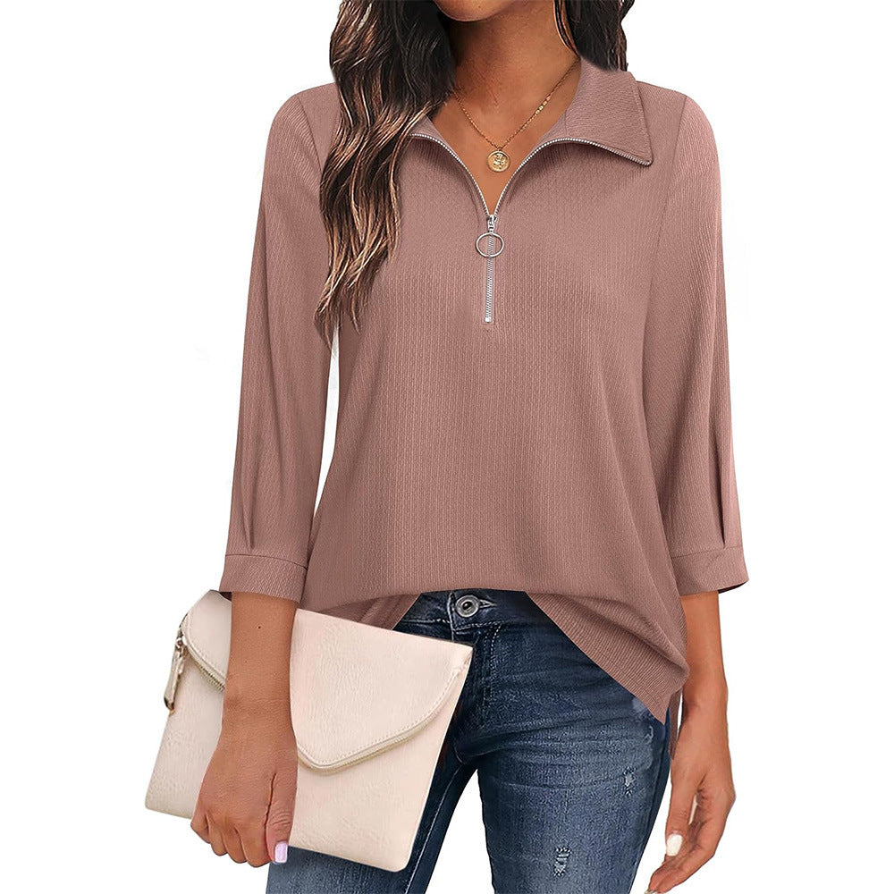 Women's Cool Three-quarter Sleeve Zipper T-shirt Blouses