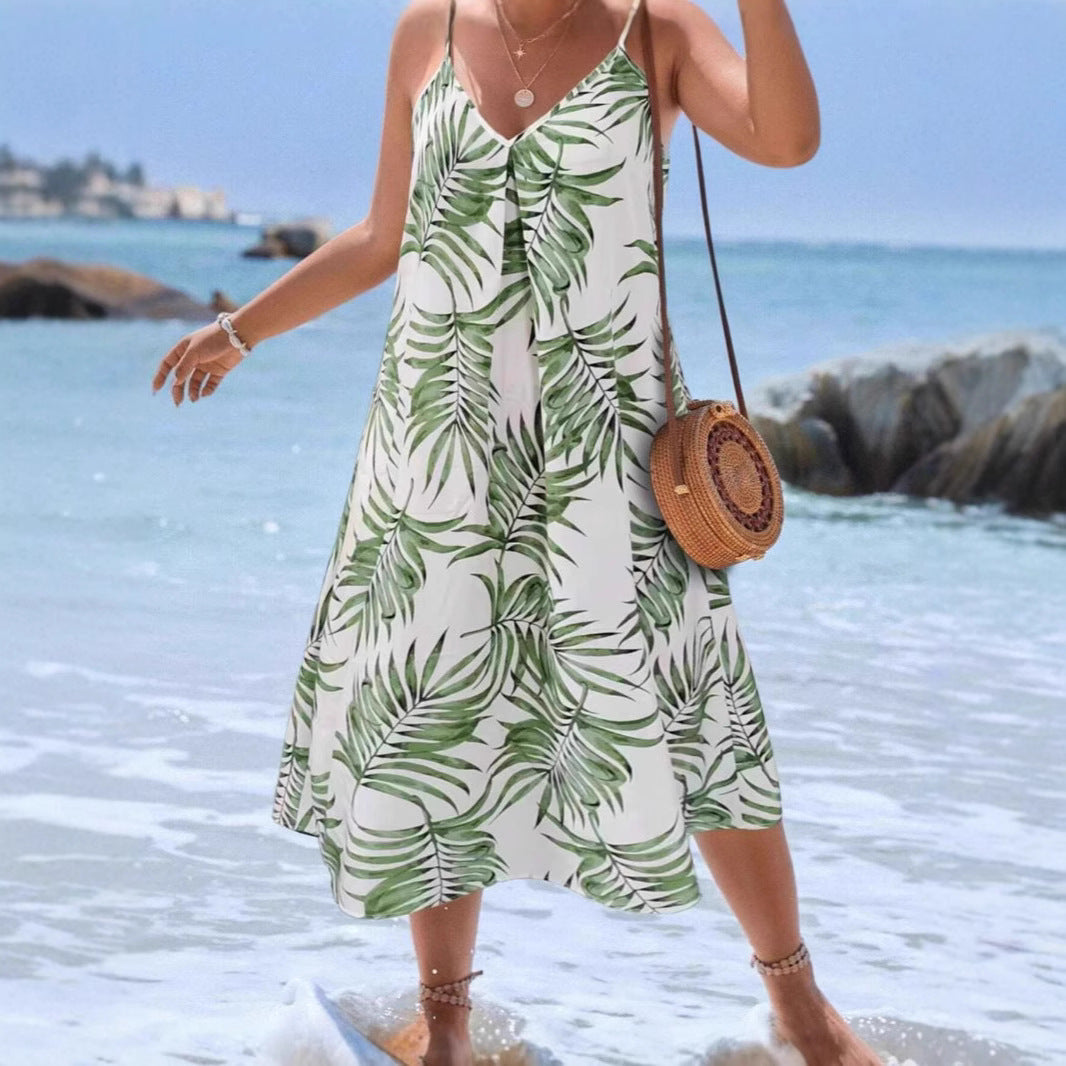 Summer Tropical Plant Printing Slip Leisure Vacation Dress