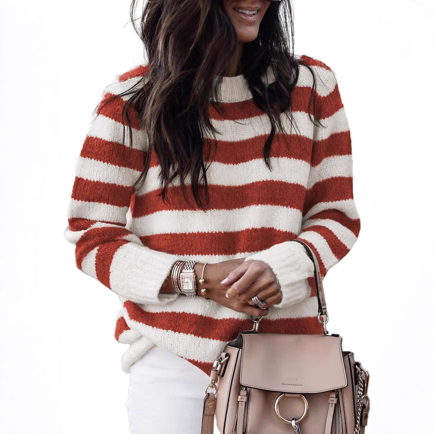 Women's Neck Striped Cute Color Matching Pullover Sweater