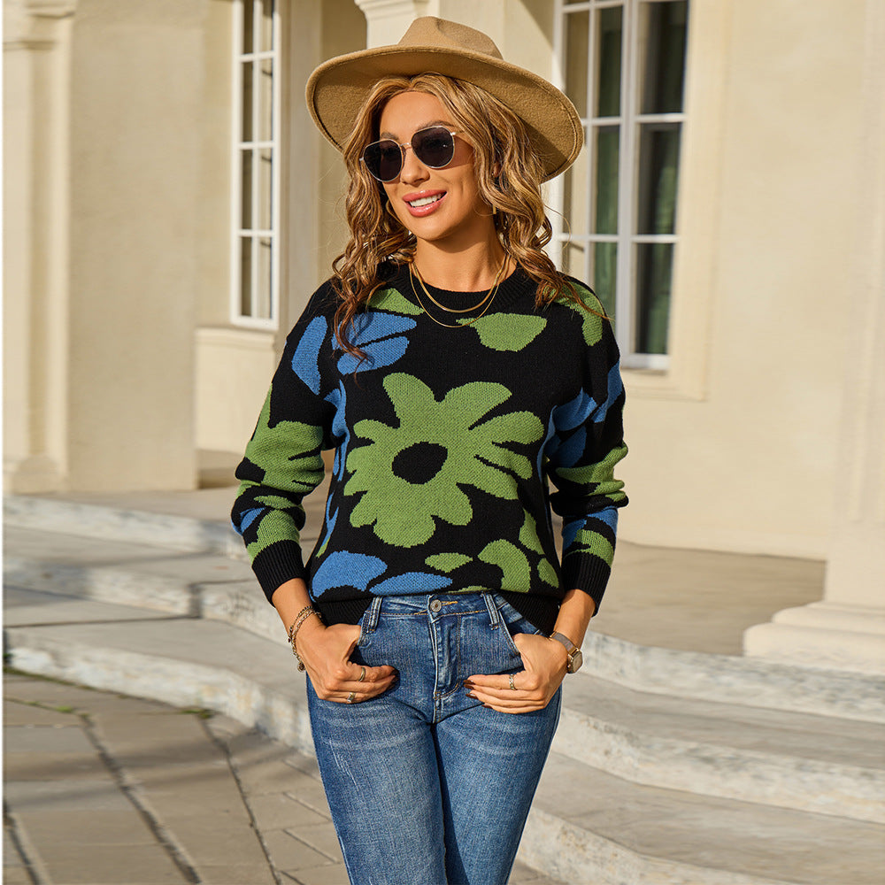 Women's Round Neck Pullover Casual Floral Printed Sweater