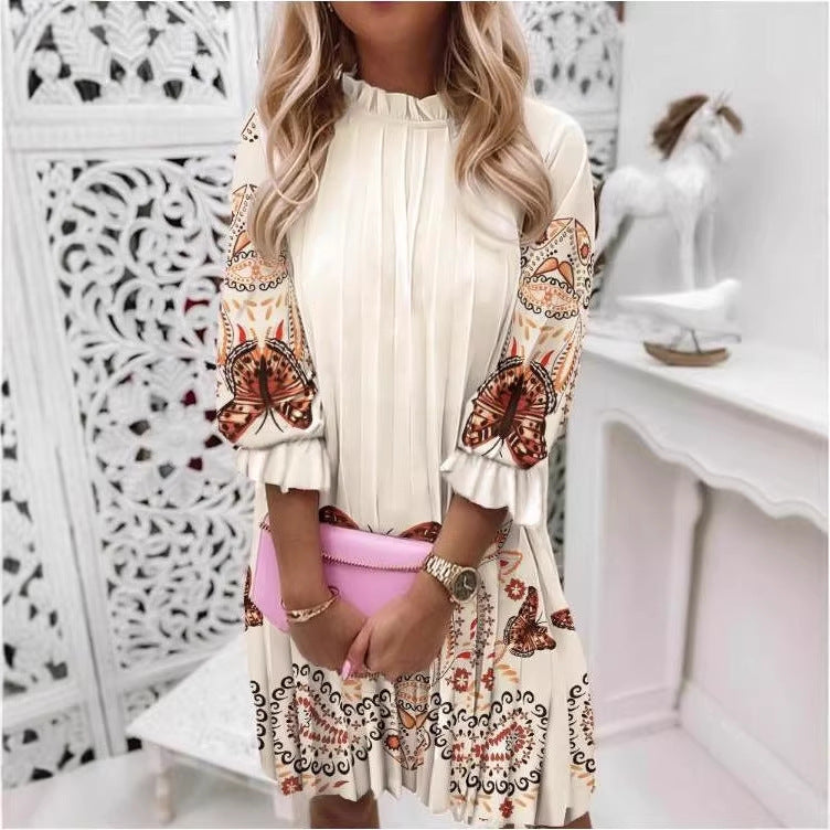 Classy Women's Printed Pleated Sleeve Pullover Dress