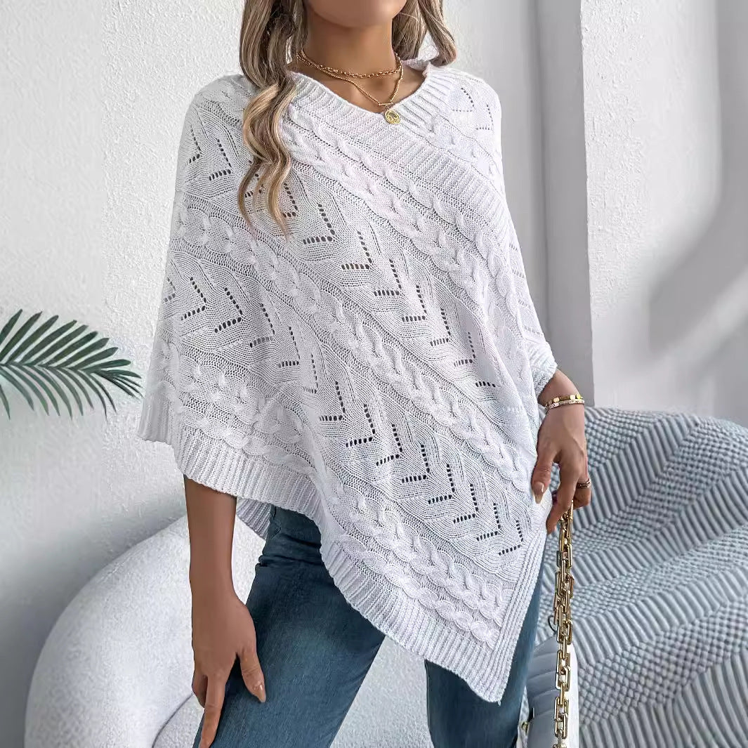 Women's Casual Solid Color Cable Loose-fitting Cloak Sweater