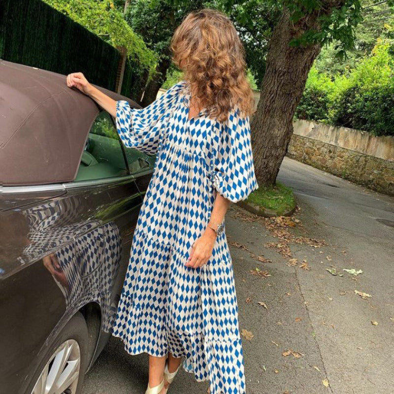 Women's Autumn Geometric Collage Puff Sleeve Dress Street Clothing