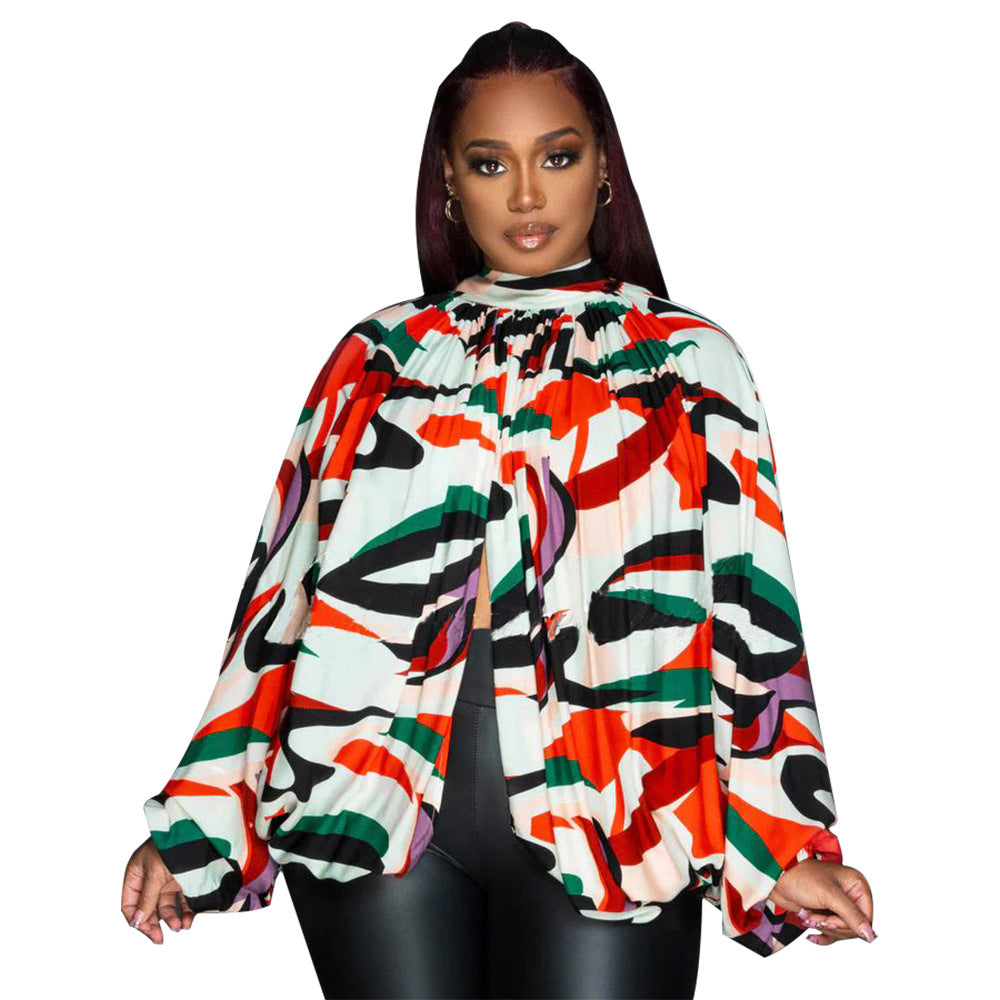 Women's Lace Printing Chiffon Shirt Batwing Sleeve Blouses