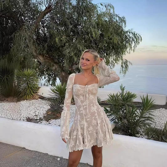 Long Sleeve Sexy Flared Sleeves Mesh Dresses